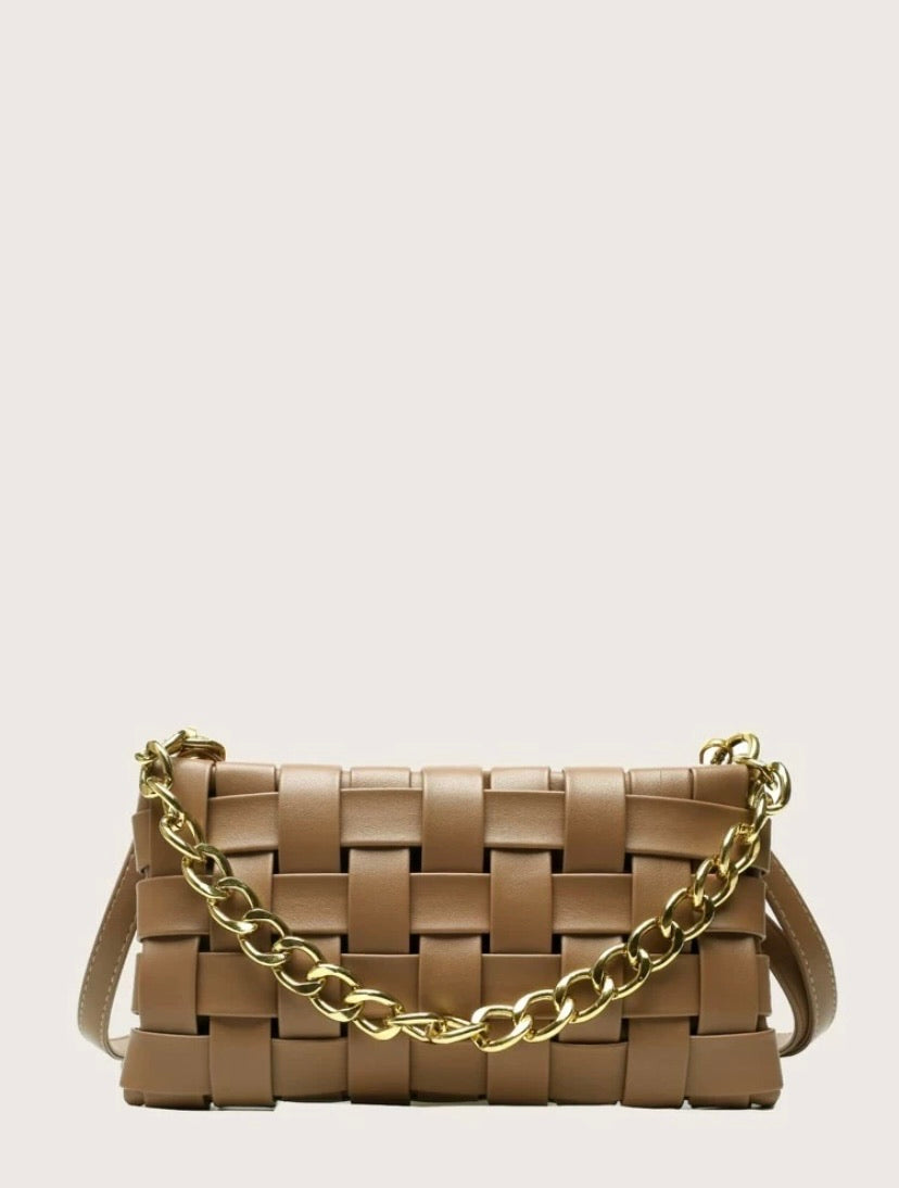 CrissCross Hazelnut Baguette Bag with Chain Handle